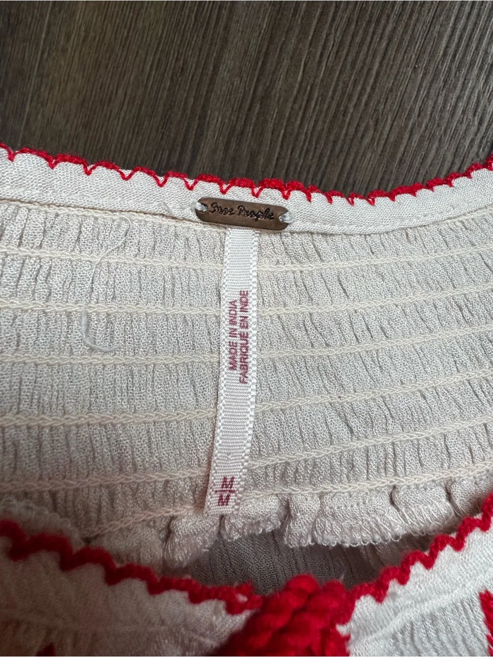 Free People Cream Tunic Blouse with Red Embroidery Peasant Bohemian size M